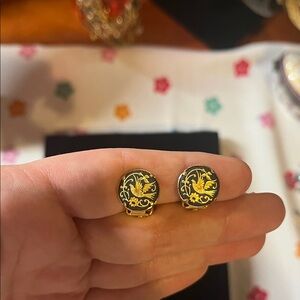 Vintage TINY Black and Gold Tone Clip-On Earrings